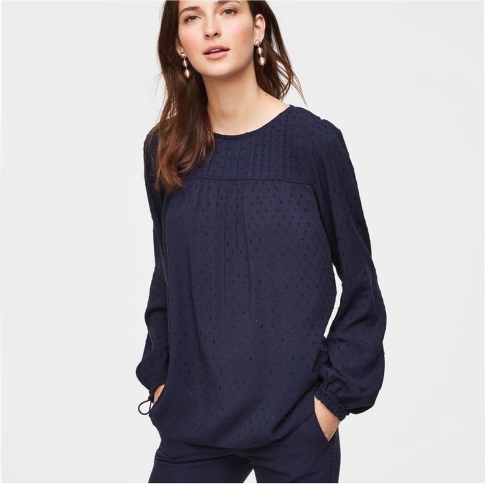 LOFT Women's S Navy Embroidered Swiss Dot Long Sleeve Peasant Blous
